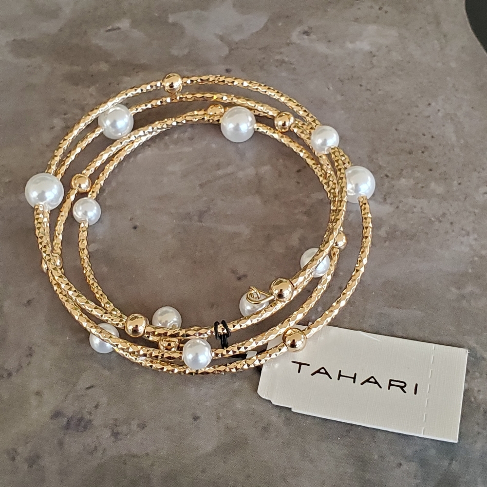 TAHARI Hammered Gold Pearl Coil Bracelet Memory Wire Wrap Spiral Bangle Bypass - Picture 8 of 11